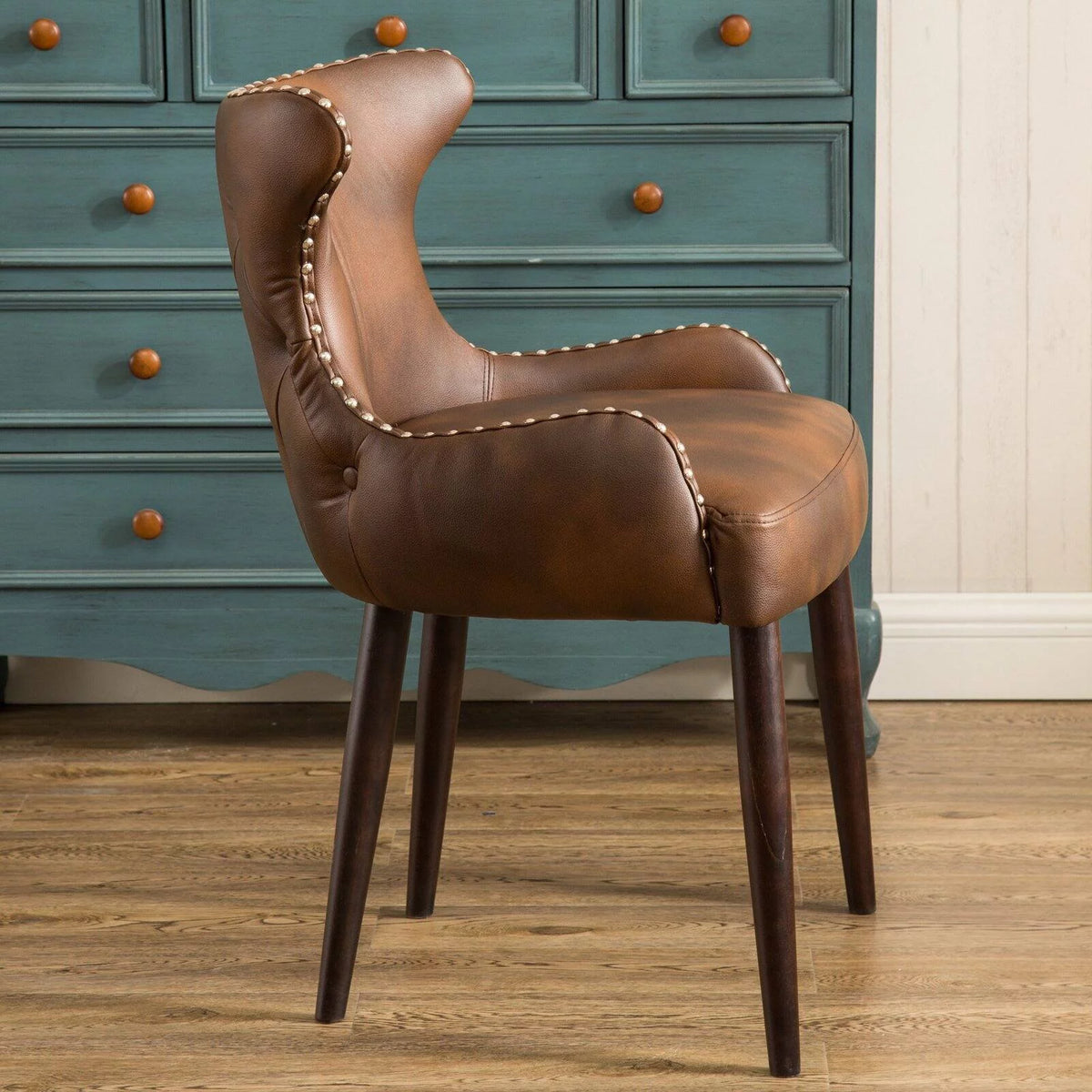 Tufted Button Back Barrel Chair with Nailhead in Brown V2226
