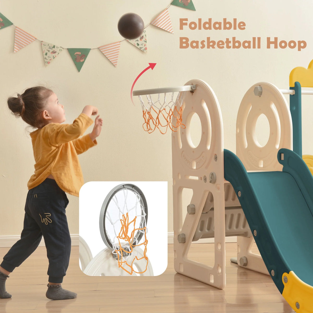 5-in-1 Kids Slide and Swing Set with Bus Playhouse, Basketball Hoop, Climber, Green B348928