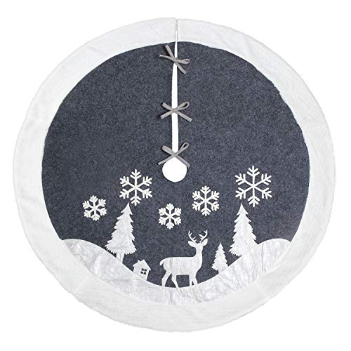 White Fur Christmas Tree Skirt with Deer and Snowflake Pattern 36 inches V9970