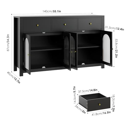 Black 55.1" Wood Buffet Cabinet with 3 Drawers and 4 Doors O69931