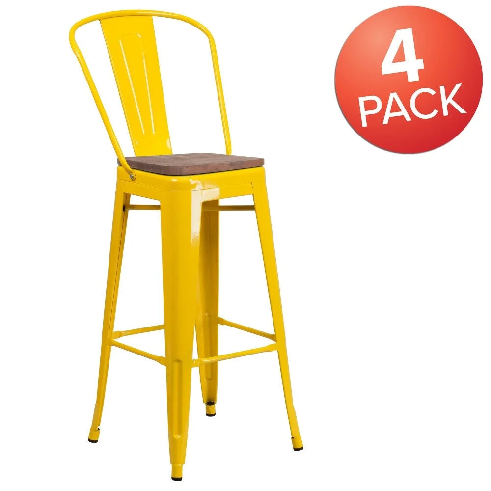4 Pack 30" High Metal Barstool with Back and Wood Seat Yellow O658482