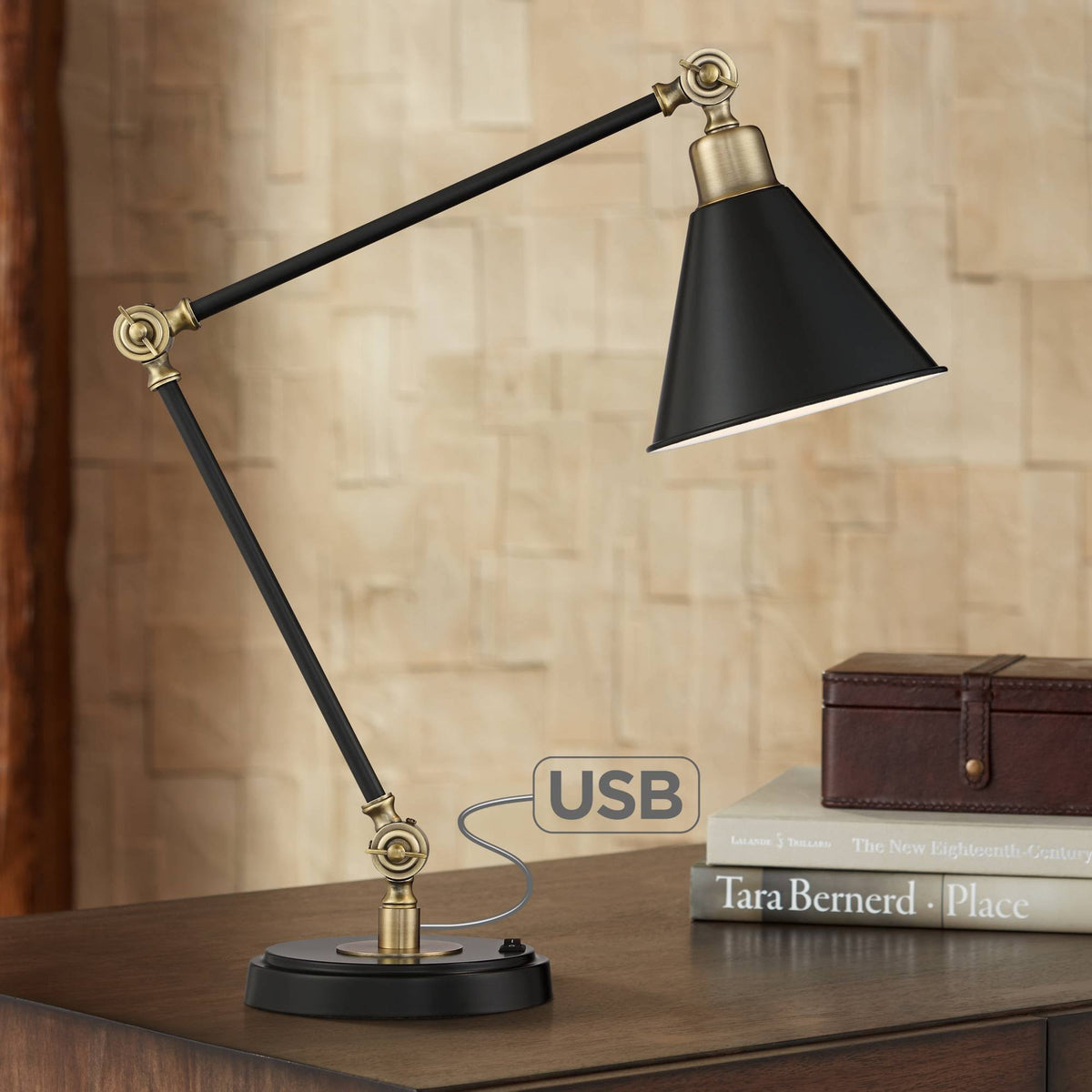Modern Industrial Desk Table Lamp with USB Charging Port Adjustable Black Antique Brass L670188