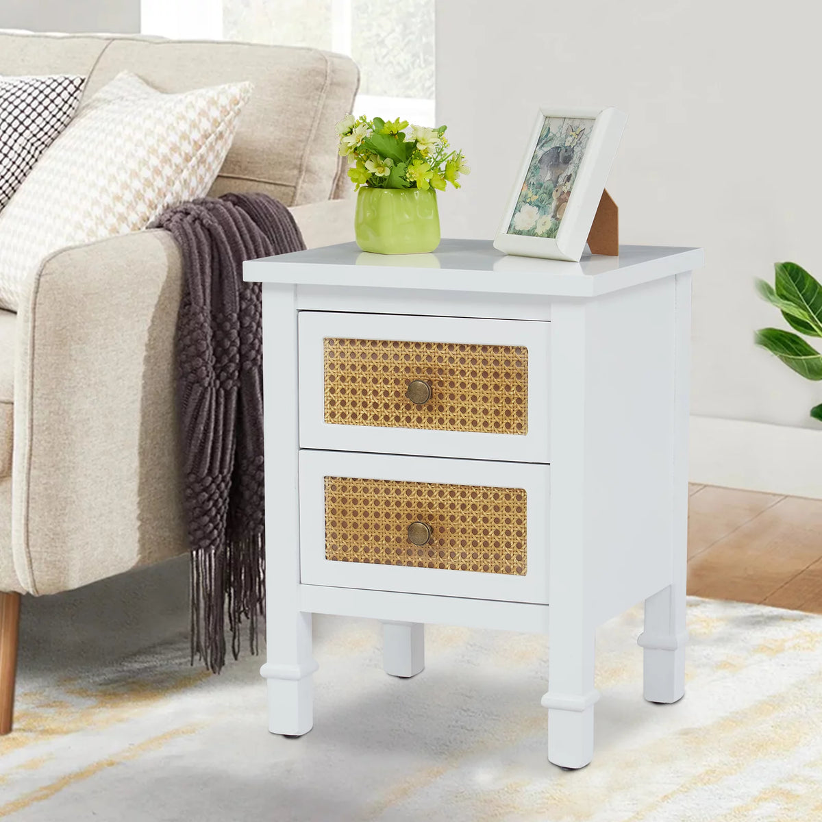 White 2 Drawer Rattan Nightstand Y49696