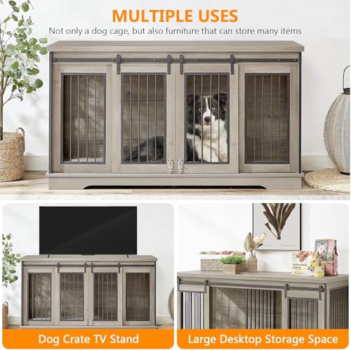 Grey 60.6 Inch Double Dog Crate Furniture with Divider B1190