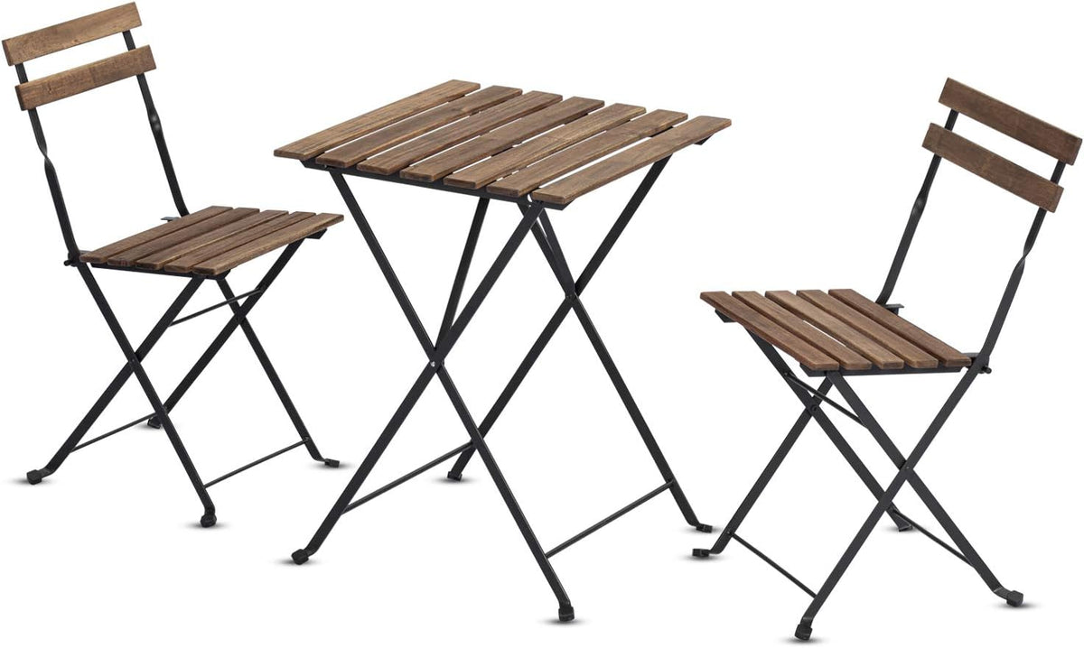 3 Pieces Folding Dining Table Chairs with Teak Wooden Top Anti-Rust Steel Frame Z972