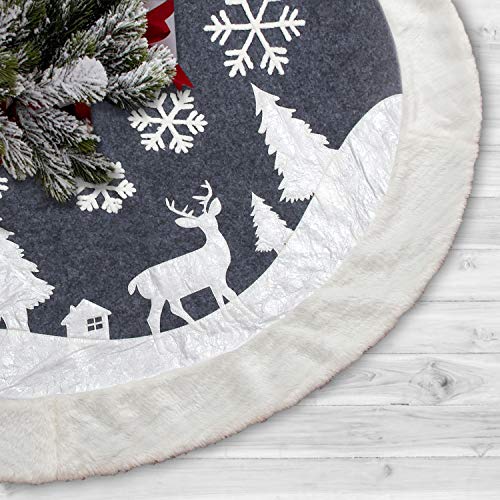 White Fur Christmas Tree Skirt with Deer and Snowflake Pattern 36 inches V9970