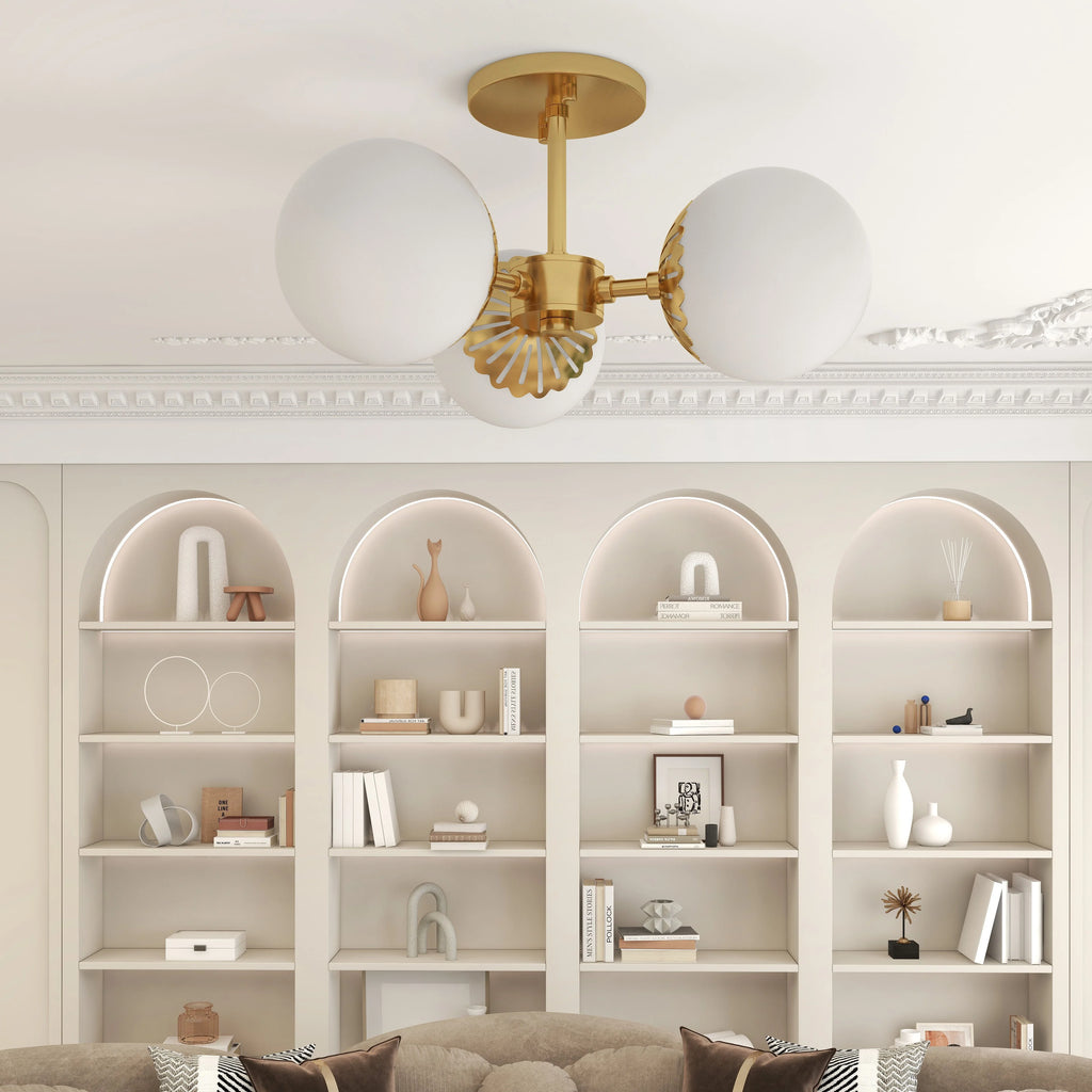 Modern Gold 3-Light Semi Flush Mount Light with White Round Glass Globe Shade J68329