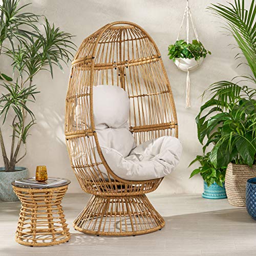 Light Brown Beige Wicker Swivel Egg Chair with Cushion H7944