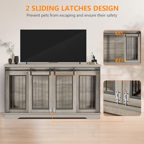 Grey 60.6 Inch Double Dog Crate Furniture with Divider B1190