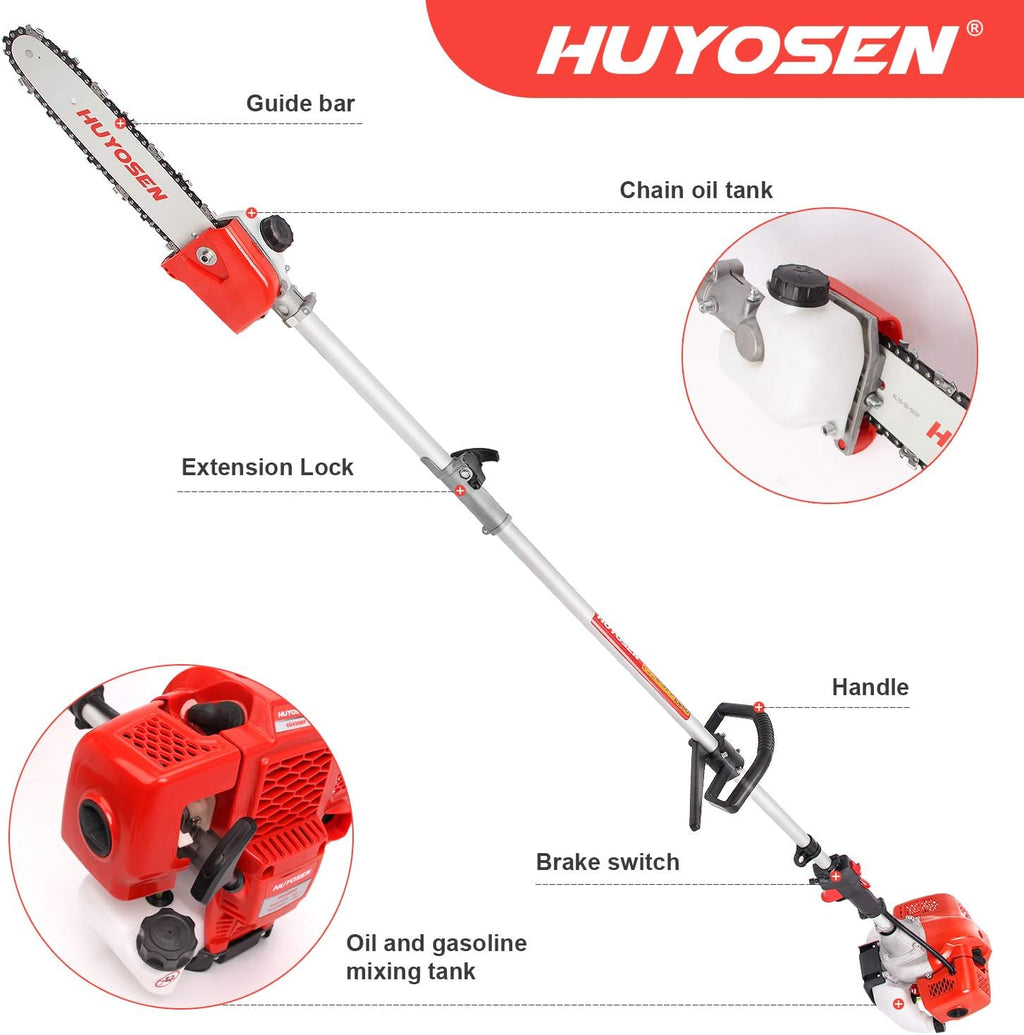 Gas Pole Saw 45CC 2-Cycle 8.2 FT to 11.4 FT Extension 5 in 1 Weeder Eater Hedge Trimmer Chainsaw Brush Cutter 3T Blade O525