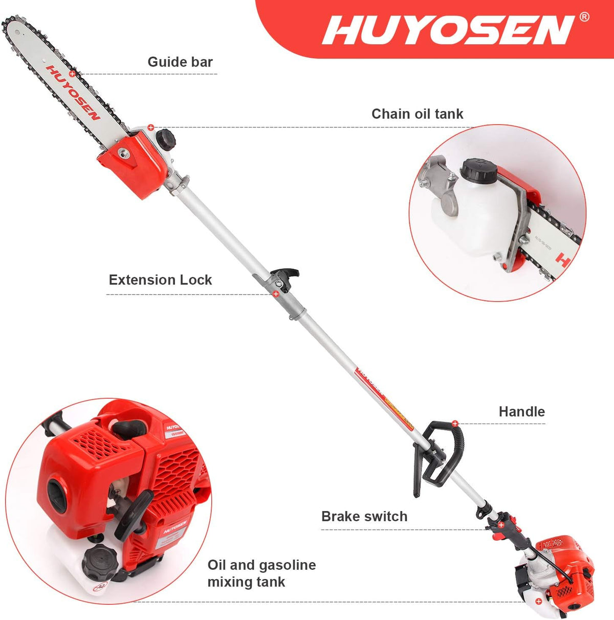 Gas Pole Saw 45CC 2-Cycle 8.2 FT to 11.4 FT Extension 5 in 1 Weeder Eater Hedge Trimmer Chainsaw Brush Cutter 3T Blade O525
