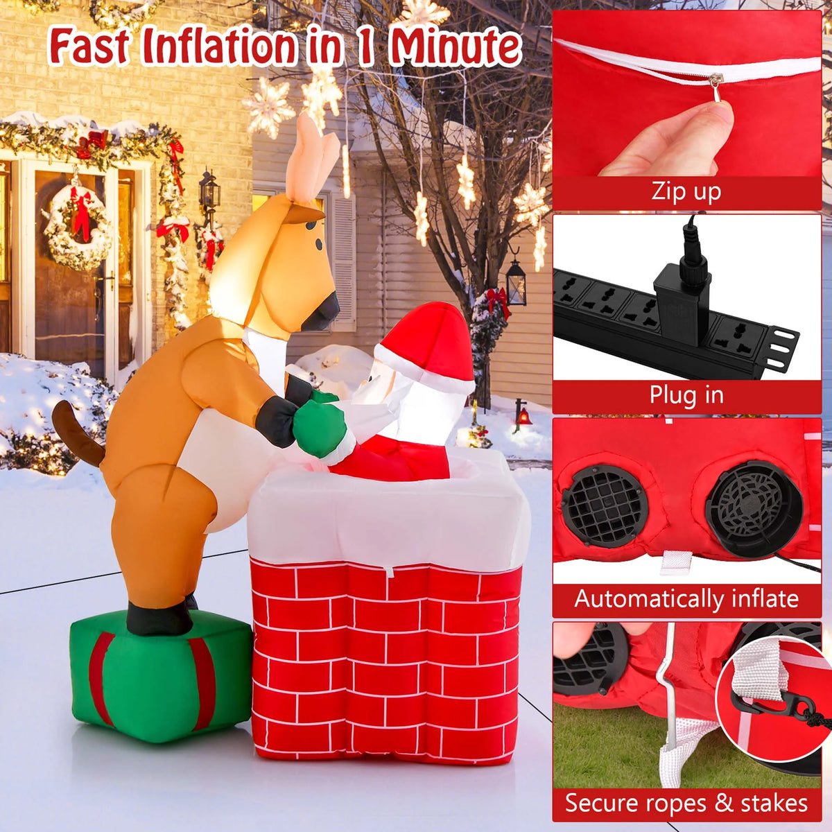 5 FT Christmas Inflatable Santa Claus Climbing Chimney Reindeer B19970