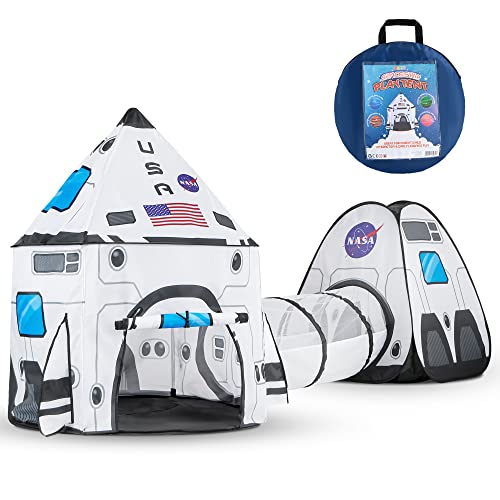 White Rocket Ship Pop up Play Tent with Tunnel and Playhouse Kids Indoor Outdoor Spaceship Tent Set U702861