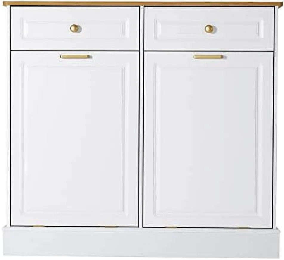 Double Barn Door Style Trash Cabinet with Solid Hideaway Drawer Y297758