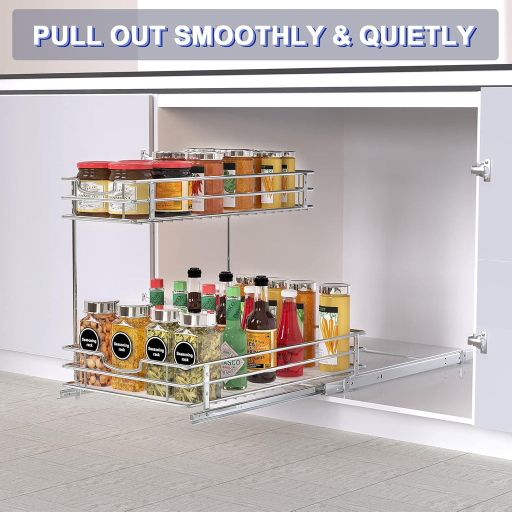 Under Sink Cabinet Organizer with 2 Tier Pull Out Sliding Shelf, 12.2Wx18.1Dx14.5H-Inch - Silver Z78391