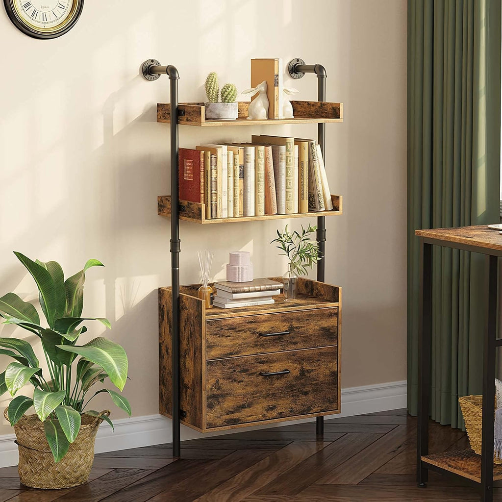 Industrial Bookshelf with 2 Wood Drawers, Wall Mounted 3-Tier Bookcase, Rustic Brown C9893