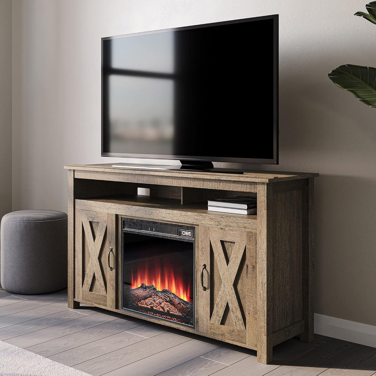 Modern Barn Door Wood Electric Fireplace TV Stand with Two Open Shelves and Cabinets Y69807