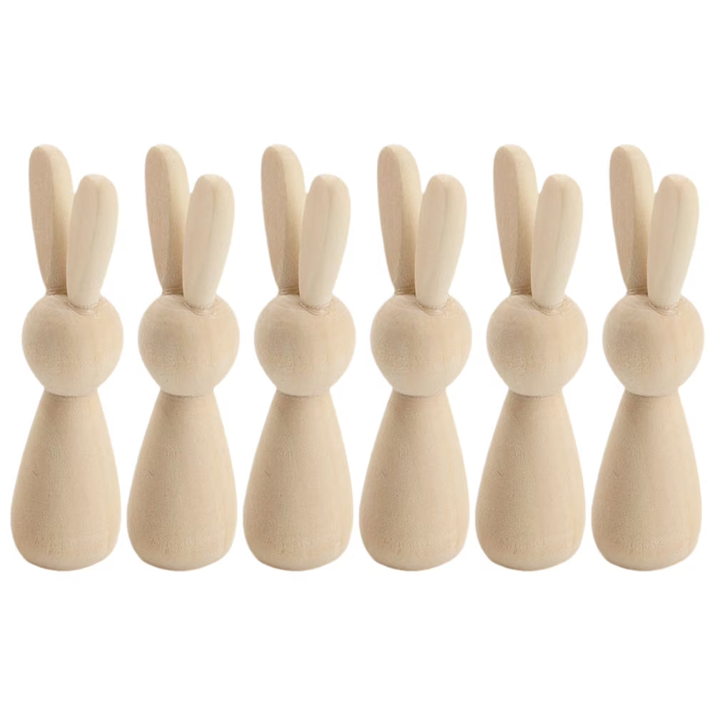 6Pcs Unpainted Natural Wooden Bunny Dolls S4439