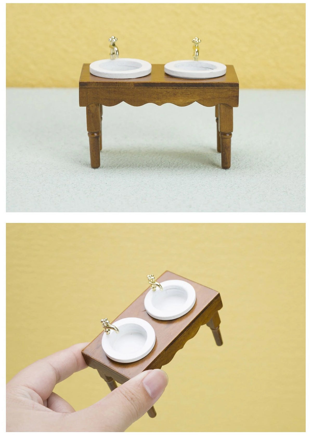 Walnut Color Double Basin Wash Sink Dollhouse Miniature Furniture S16893