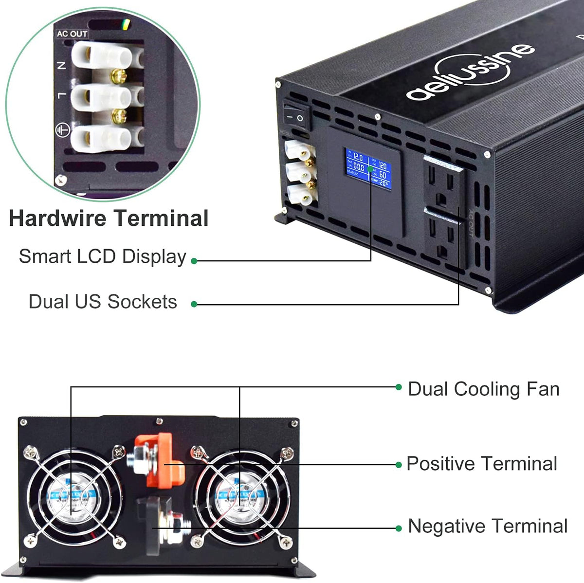 2000 watt Pure Sine Wave Power Inverter 24v dc to ac 110v 120v F908657