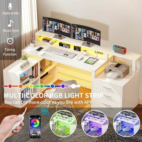 L Shaped Desk with 3 Drawers 65" Corner Computer Desk with Power Outlets & LED Lights White U2418