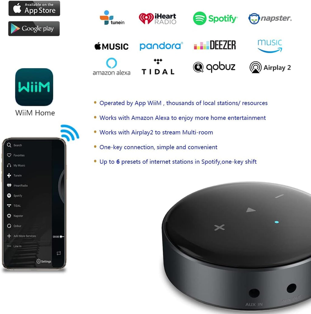 Wiim Mini Airplay 2 Music Streamer WiFi/Bluetooth Wireless Connection, Multiroom/Multizone Stereo Receiver Audio Adapter N716322