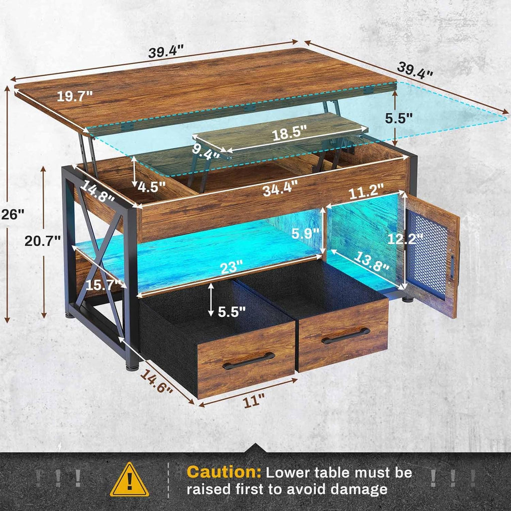 Rustic Brown 40" Lift Top Coffee Table with Storage Cabinet and 2 Fabric Drawers U382