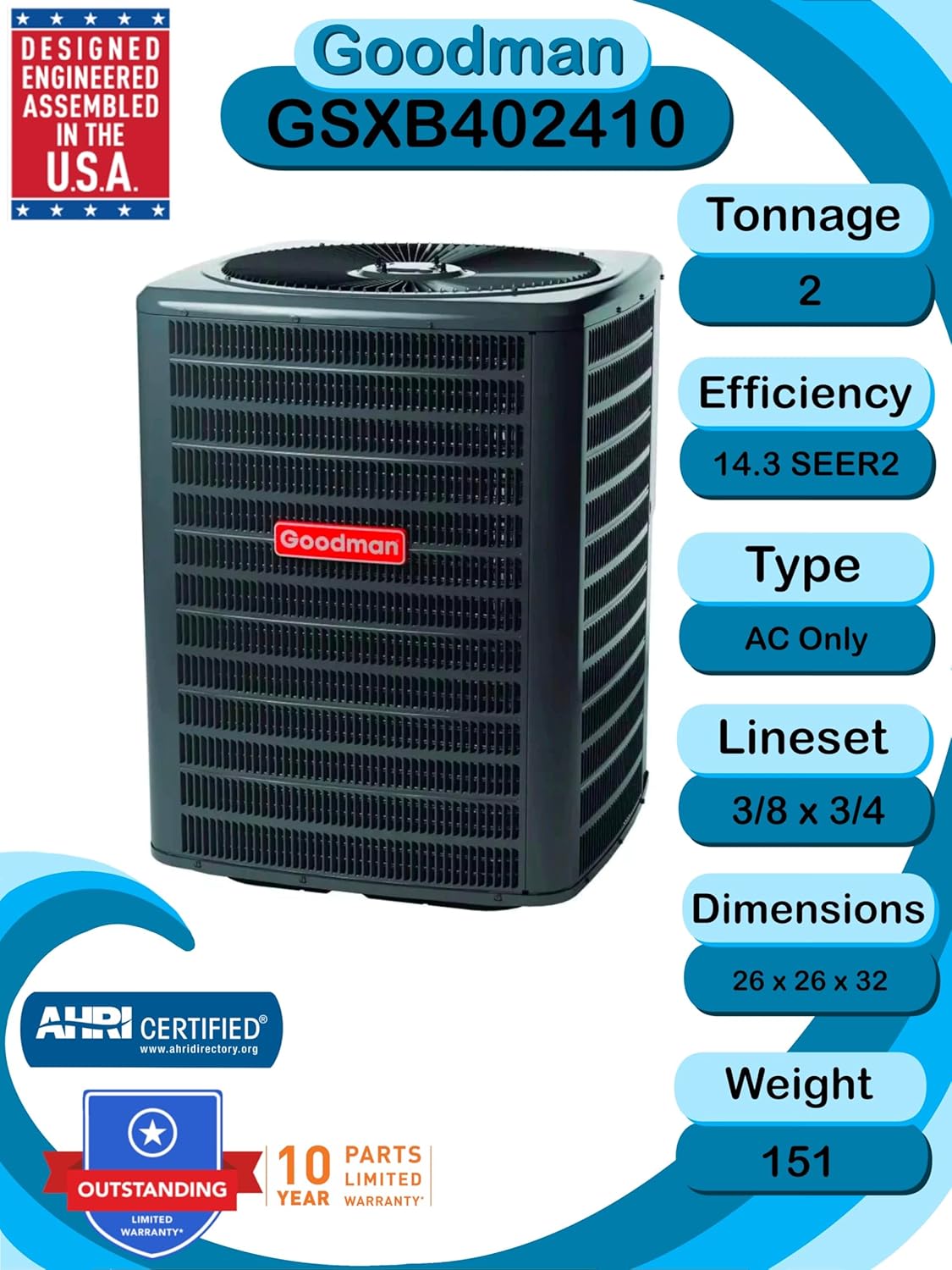 2 TON 14.3 SEER2 AC Unit with 97% AFUE 80k BTU Low NOx Gas Heater and Horizontal Evaporator V295