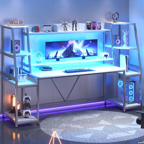 78.8'' Black Gaming Desk with LED Lights, Hutch and Storage Shelves V5226