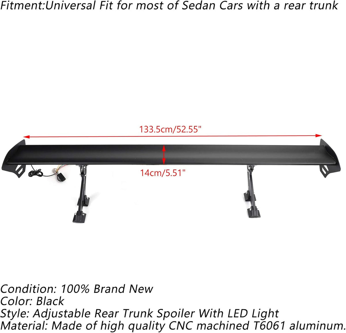 Adjustable Aluminum Rear Trunk Wing Spoiler with LED Light W9372