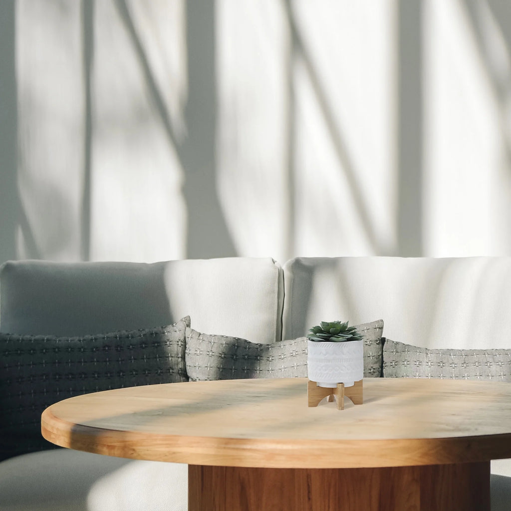 White Ceramic Round Planter with Wood Stand R39906