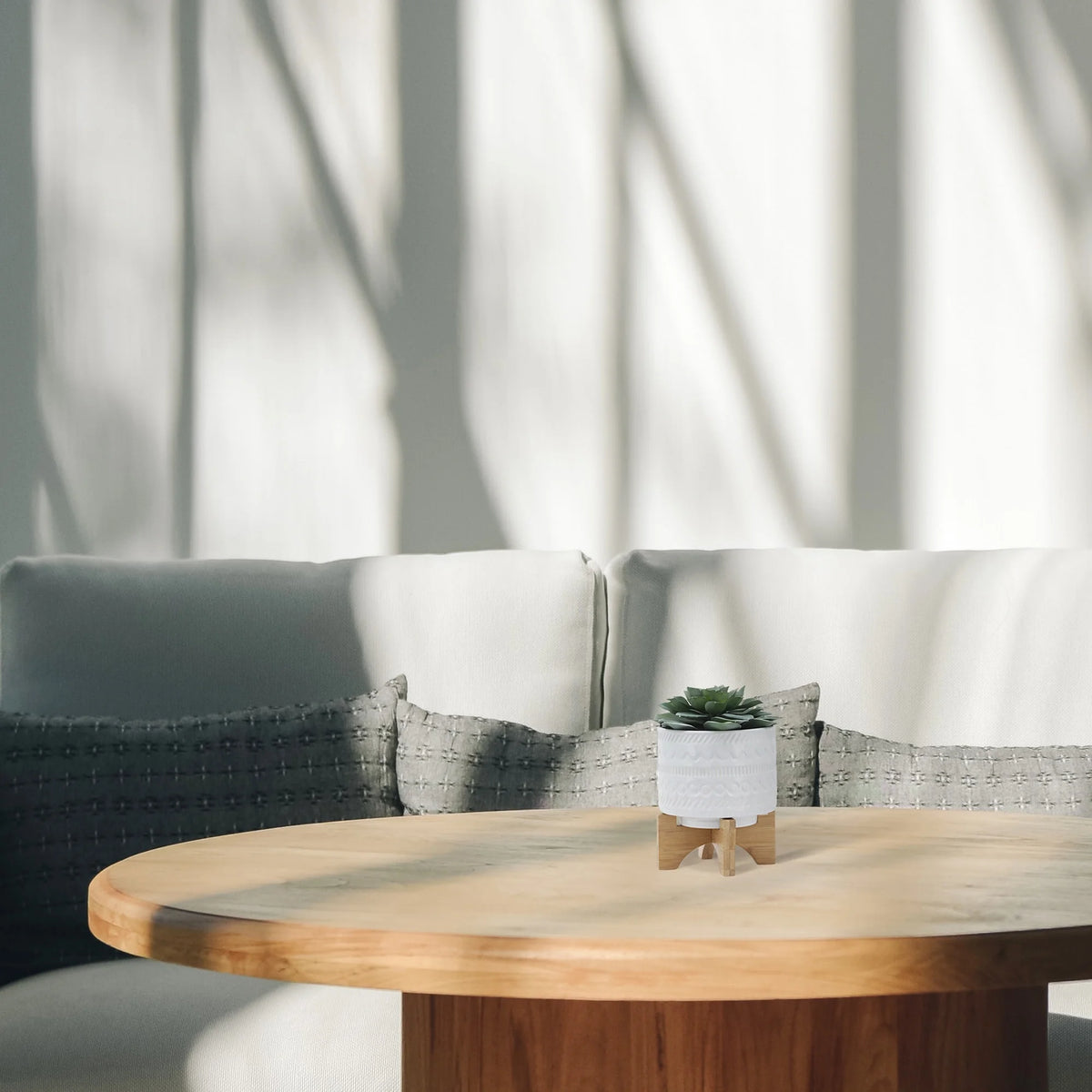 White Ceramic Round Planter with Wood Stand R39906