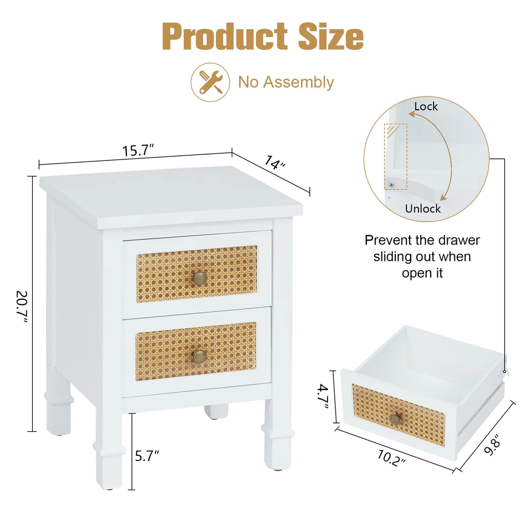 White 2 Drawer Rattan Nightstand Y49696