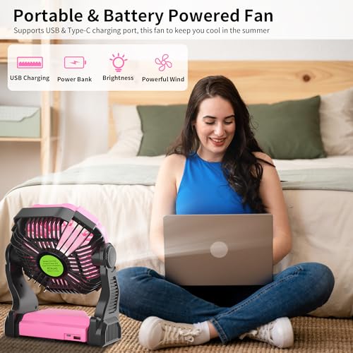 Battery Powered Portable Rechargeable Fan with LED Light & Hook H7139