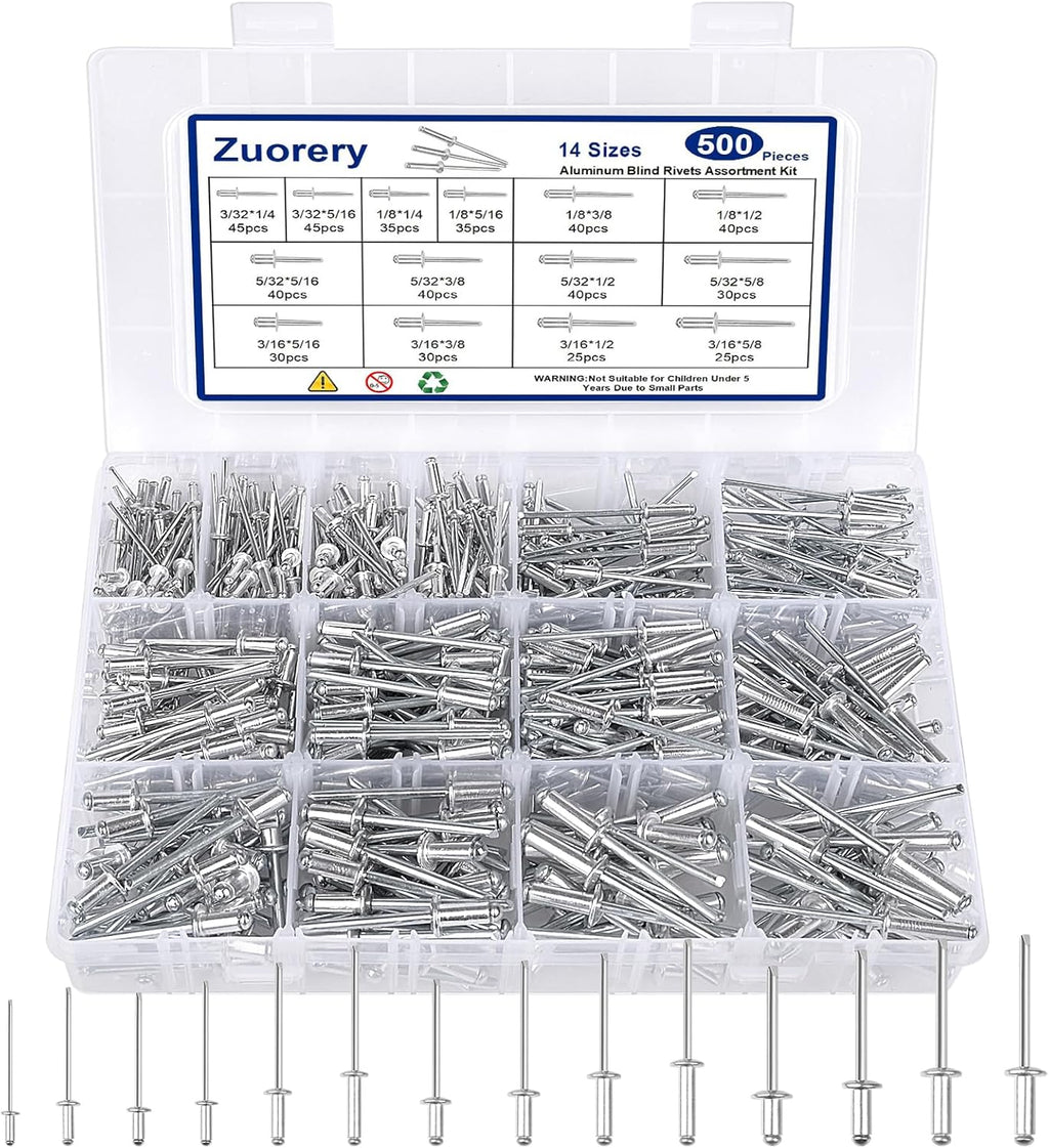 500pcs 14 Sizes Aluminum Blind Rivets Assortment Kit M878295
