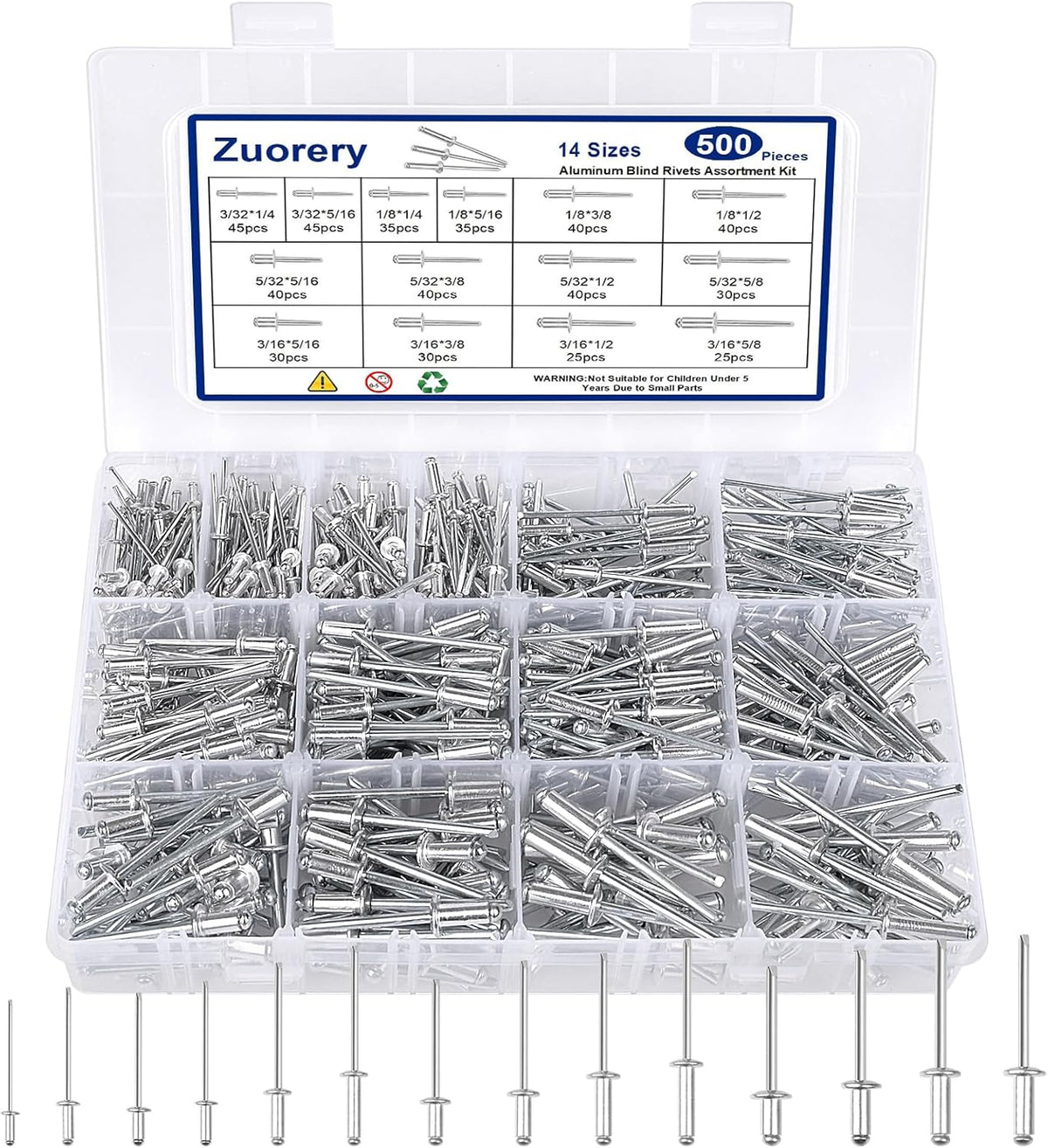 500pcs 14 Sizes Aluminum Blind Rivets Assortment Kit M878295