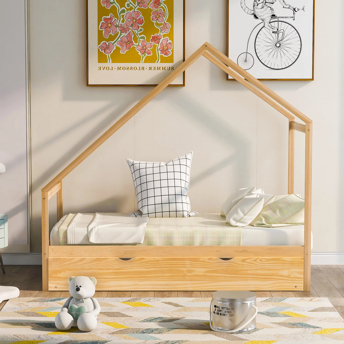Twin Size Wooden House Bed with Trundle J3617