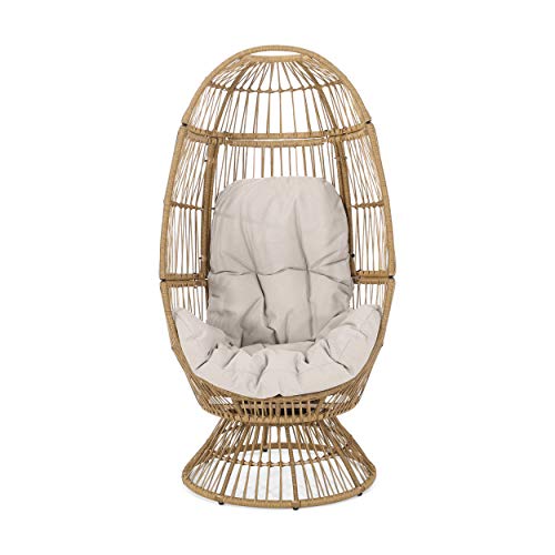 Light Brown Beige Wicker Swivel Egg Chair with Cushion H7944