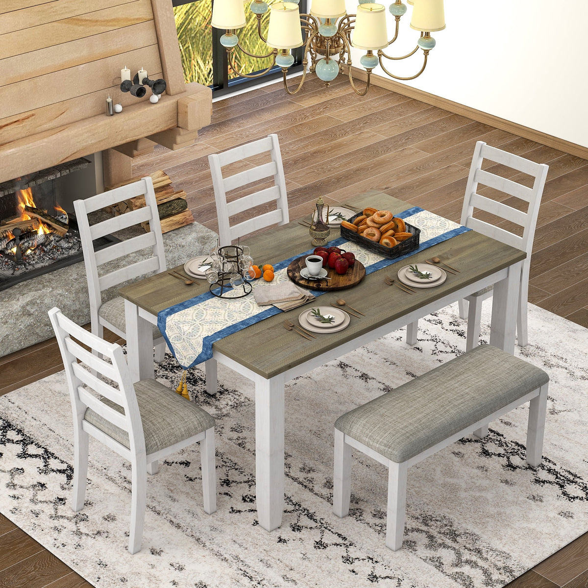 6-Piece Dining Table Set with 4 Upholstered Chairs and Bench Y3280