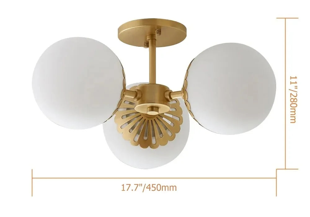 Modern Gold 3-Light Semi Flush Mount Light with White Round Glass Globe Shade J68329
