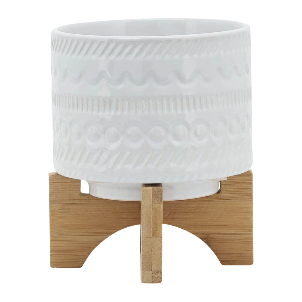 White Ceramic Round Planter with Wood Stand R39906