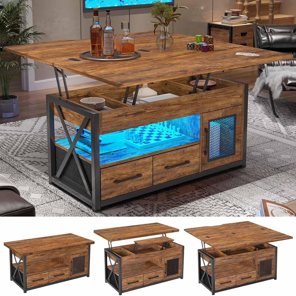 Rustic Brown 40" Lift Top Coffee Table with Storage Cabinet and 2 Fabric Drawers U382