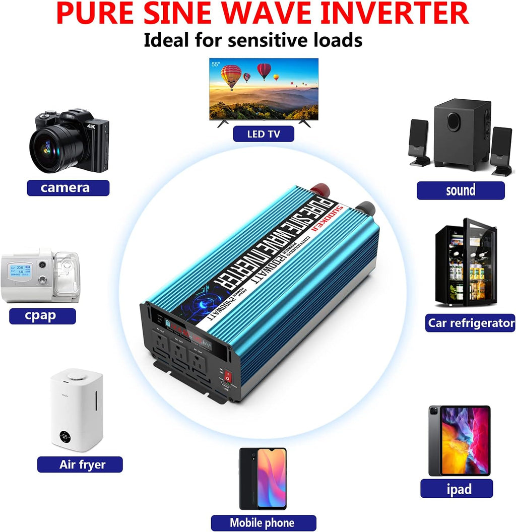 2000W Pure Sine Wave Power Inverter 12V DC to AC 110V/120V Converter with LCD Display G70635