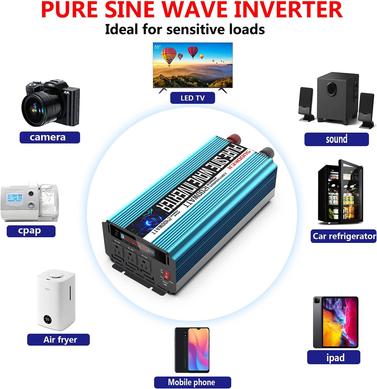 2000W Pure Sine Wave Power Inverter 12V DC to AC 110V/120V Converter with LCD Display G70635