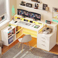 L Shaped Desk with 3 Drawers 65" Corner Computer Desk with Power Outlets & LED Lights White U2418
