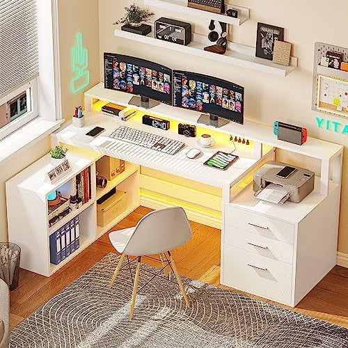 L Shaped Desk with 3 Drawers 65" Corner Computer Desk with Power Outlets & LED Lights White U2418