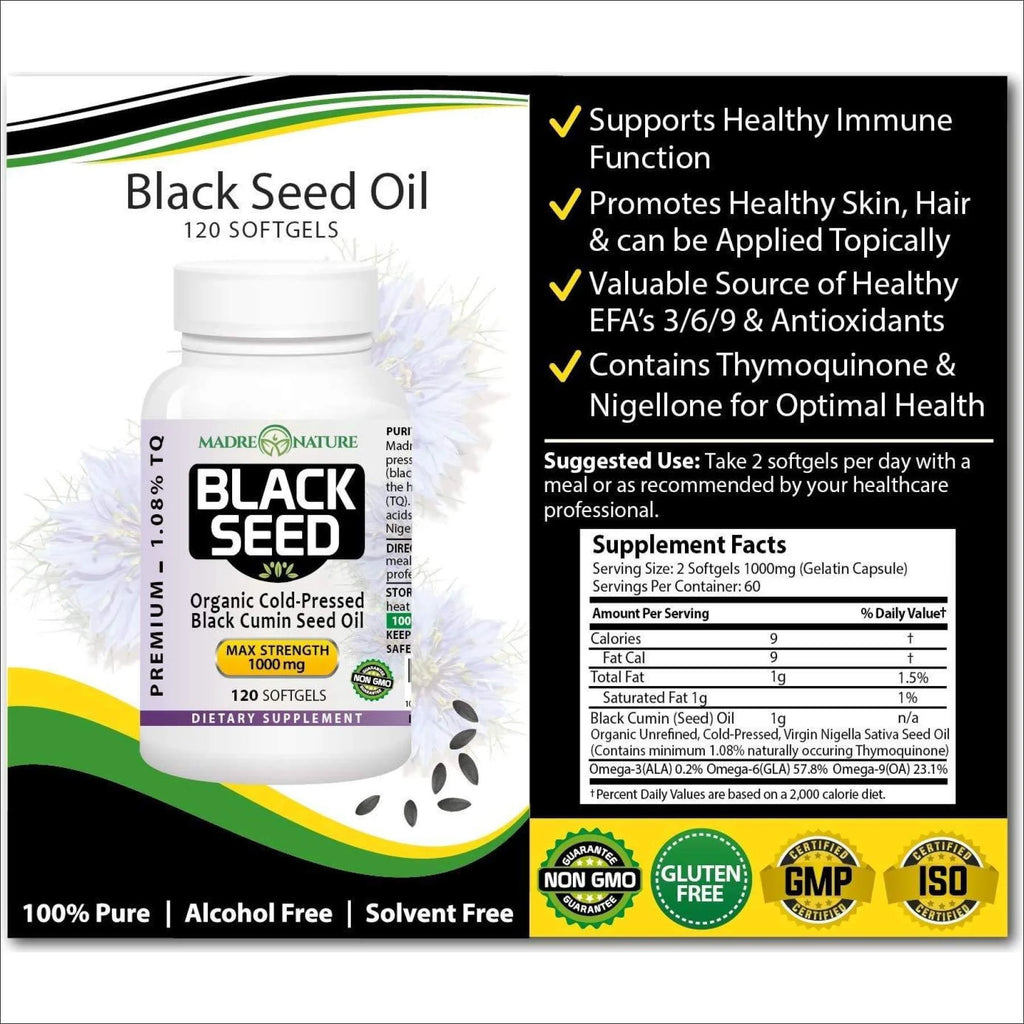 Black Seed Oil 1000mg 120 Softgel Capsules Cold-Pressed Nigella Sativa W119449