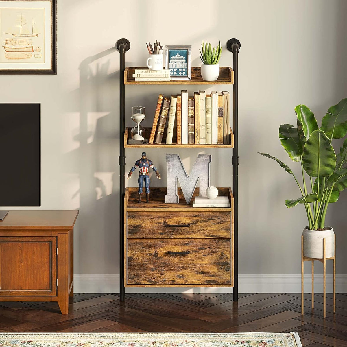 Industrial Bookshelf with 2 Wood Drawers, Wall Mounted 3-Tier Bookcase, Rustic Brown C9893