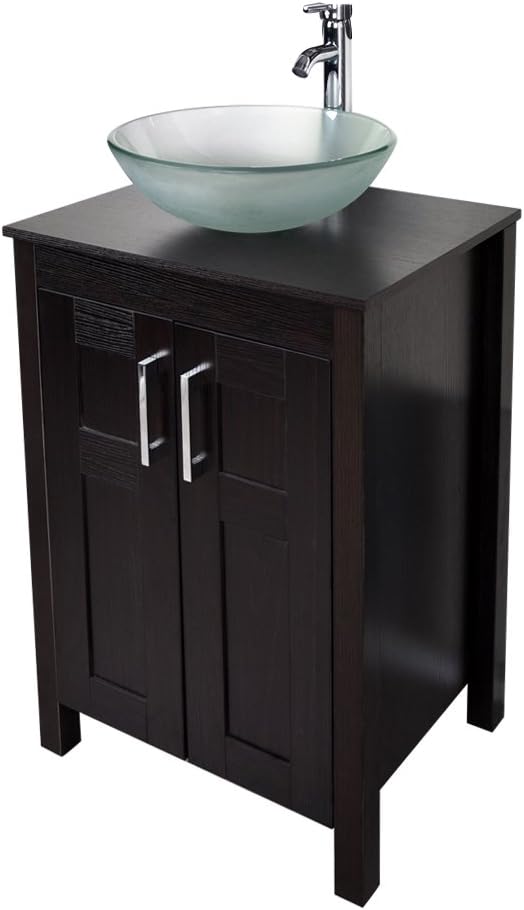 Dark Coffee 24 Inches Single Bathroom Vanity with 2-Door Cabinet and Tempered Glass Sink Top D63213