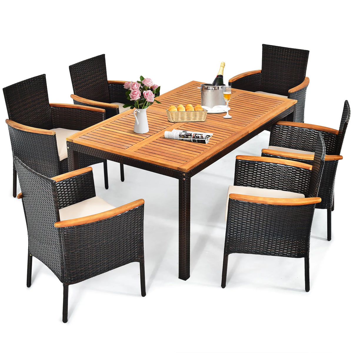 7 Pc Patio Rattan Dining Set Cushioned Chair Wooden Tabletop U7356
